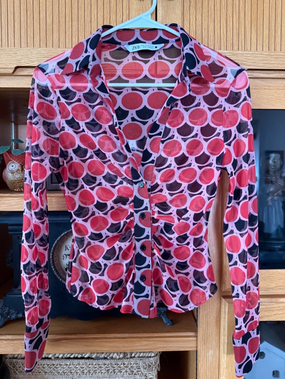 Zara Women's Size XS Sheer Red Black Geometric V Neck Long Sleeve Blouse
